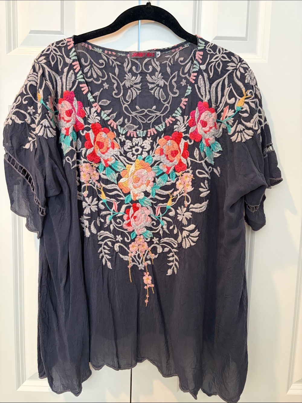 Johnny Was Charcoal Tunic with Multicolor Floral Embroidery